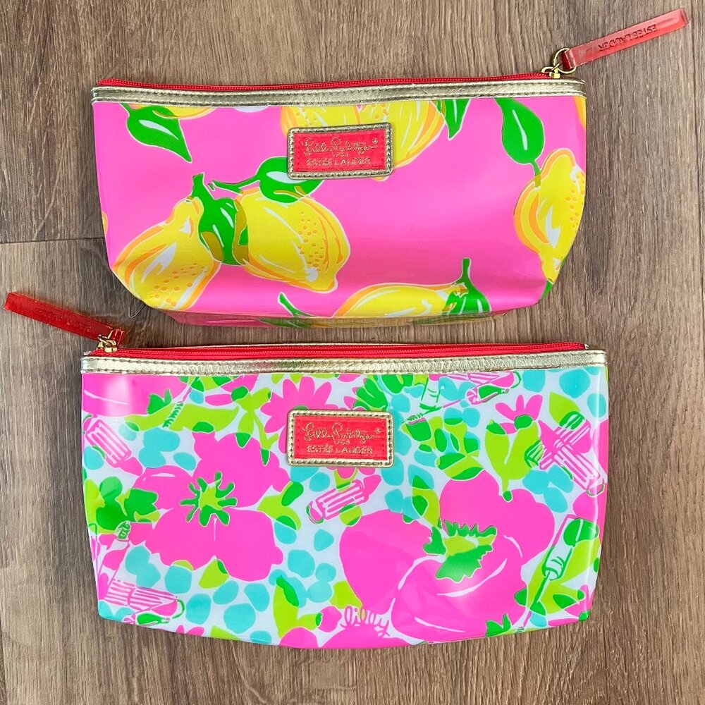 Lilly Pulitzer for Estee Lauder Pink Lemon Floral Makeup/Cosmetic Bag Bundle